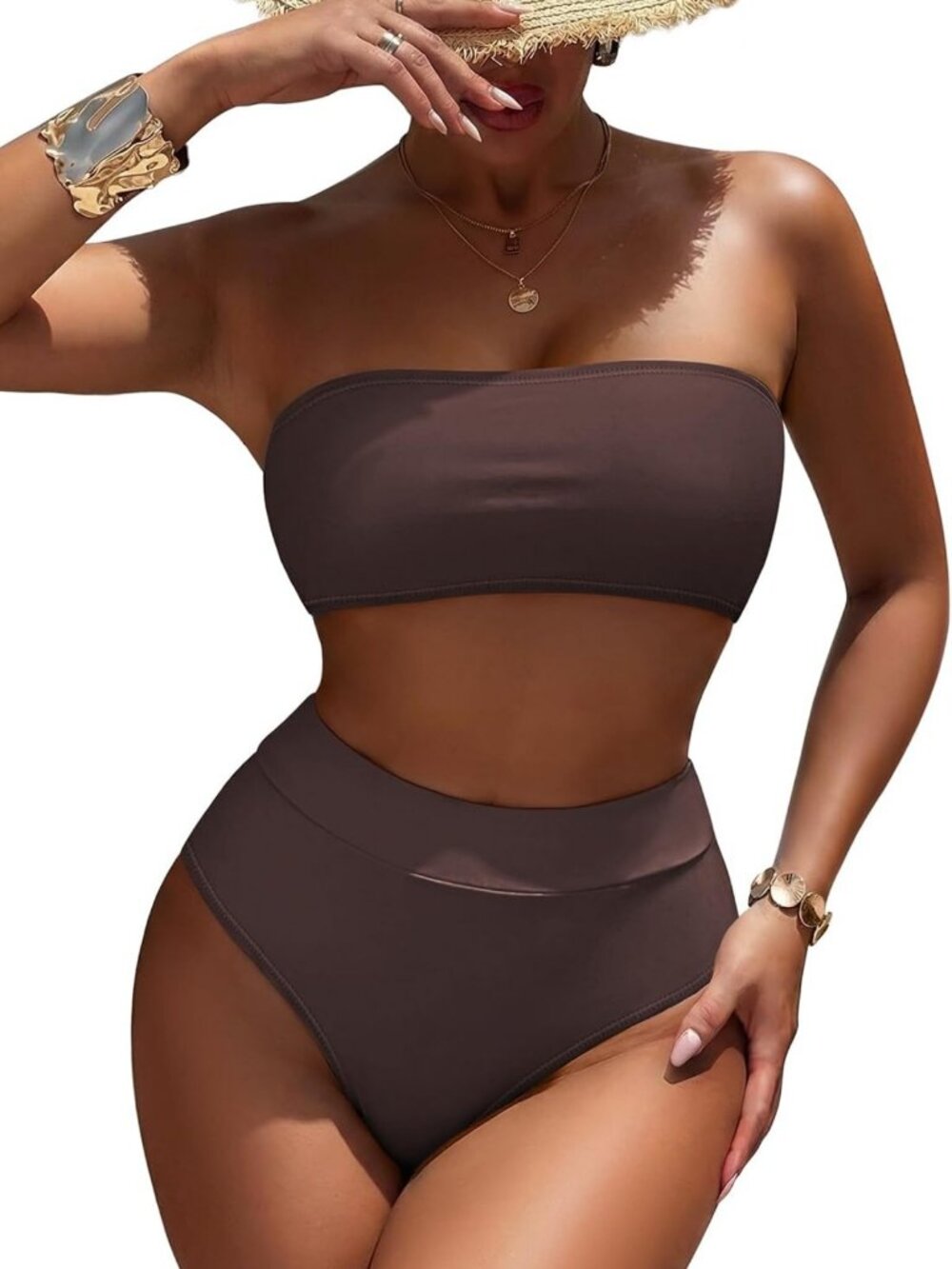 High Waist Pink Bikini Set with Removable Straps - Stylish Bandeau Swimsuit